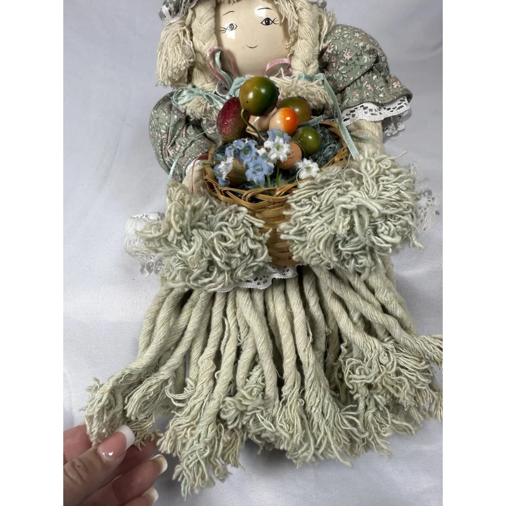 Vintage Mop Doll Shelf Sitter Yarn Porcelain Head WINDS UP PLAYS MUSIC Unique